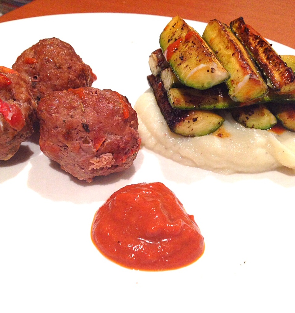 Pork and Beef Meatballs, Zucchini Chips with Cauliflower and Parsnip Mash
