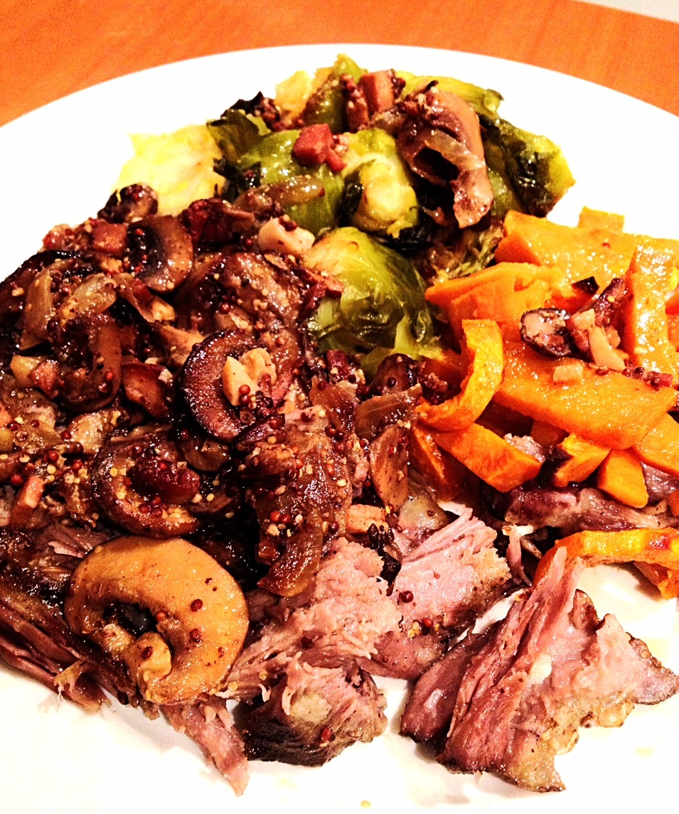 Slow cooked lamb neck with Brussels sprouts and sweet potato chips