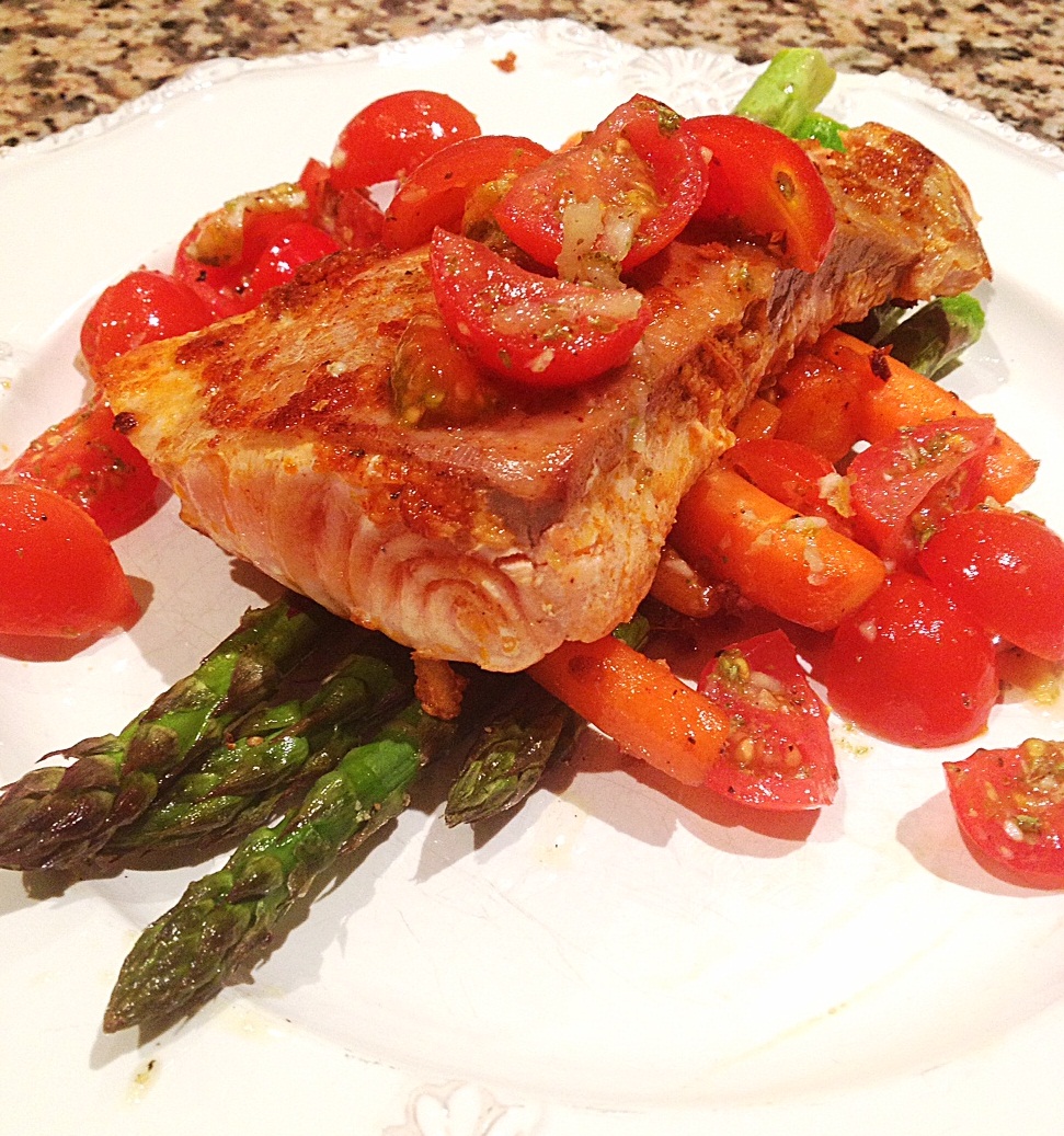 Salmon with Asparagus, Baby Carrot and Cherry Tomato Salad