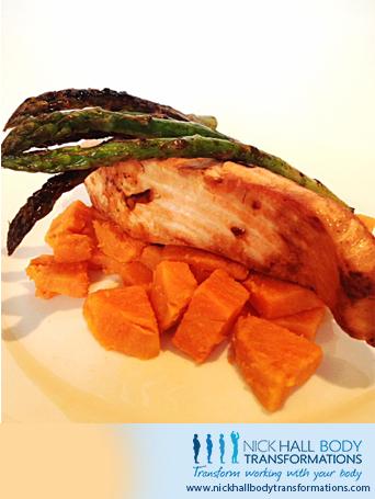 Salmon with asparagus and sweet potato