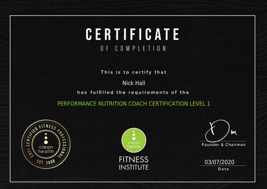 In June of 2020 I completed the Clean Health Institute Performance Nutrition Coach Level 1 course. I have previously completed a blood and hormonal analysis course with
